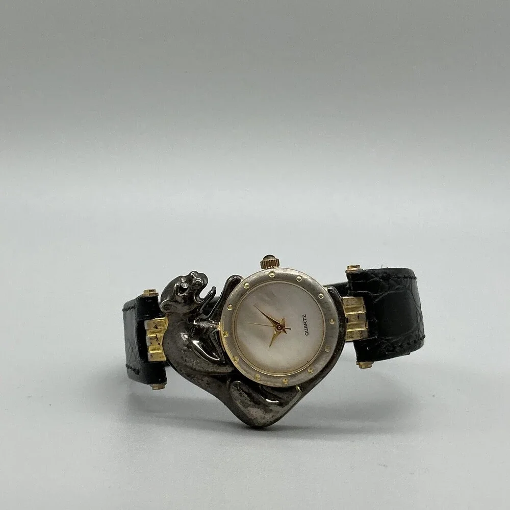 Womens Panther Watch 29mm MOP Dial Black Leather Dress Quartz New Battery